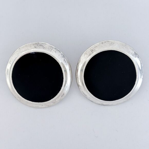 Vintage Mexico Sterling Silver 925 Black Resin Disc Earrings - Picture 4 of 8